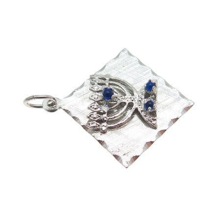 M&M MARK MERCY 925 Sterling Vintage Blue Rhinestone Menorah Charm Pendant