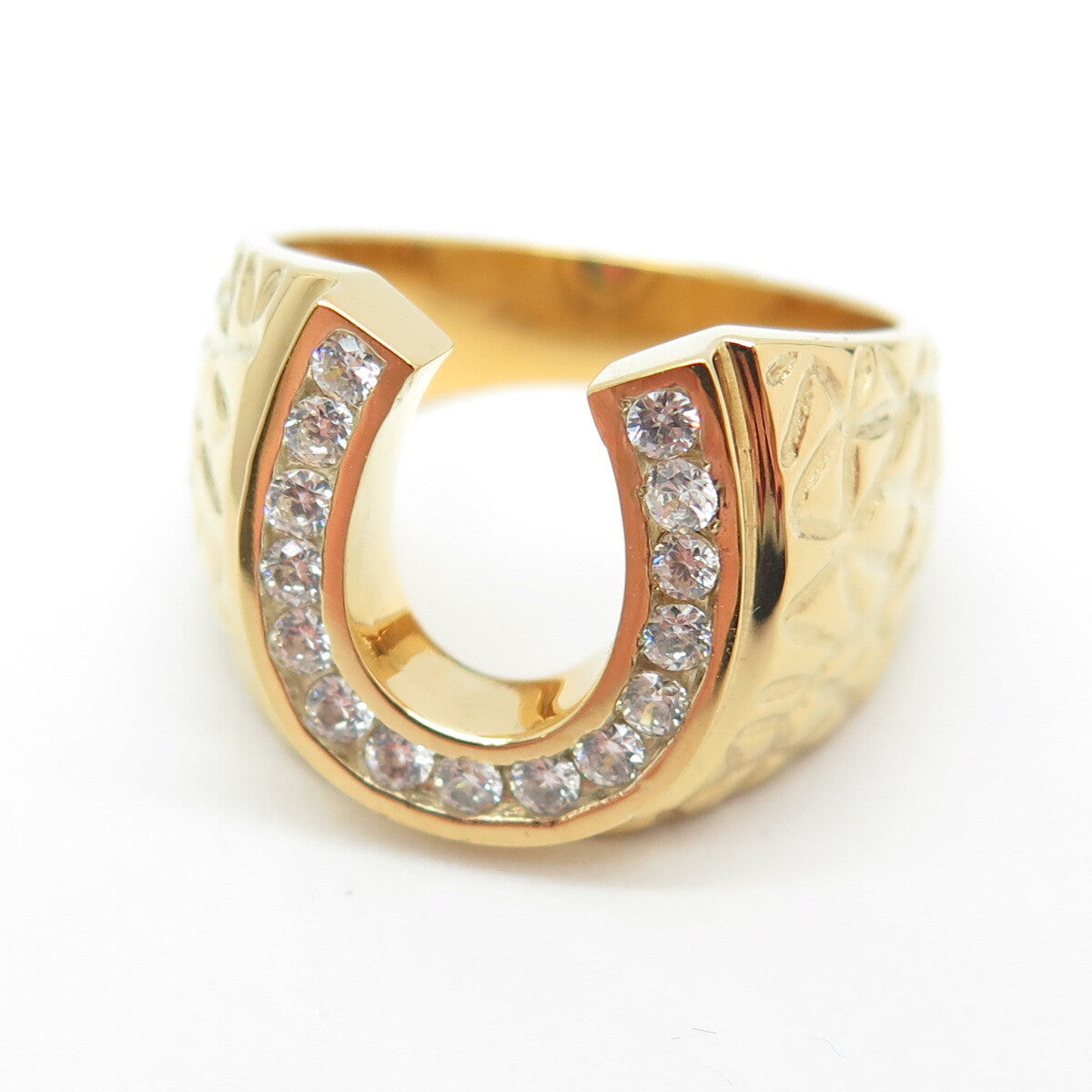 925 Sterling Silver Gold Plated Round-Cut Shaped C Z Horseshoe Ring Size 8.25
