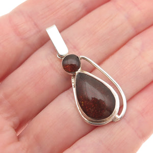 925 Sterling Silver Vintage Real Amber Modernist Teardrop Charm Pendant