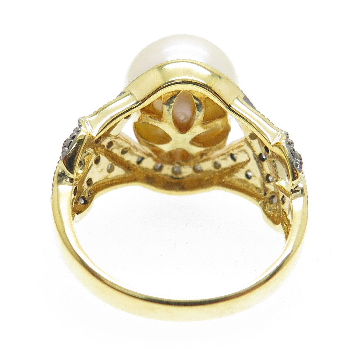 925 Sterling Silver Gold Plated Real Round-Cut Diamond & Pearl Ring Size 8