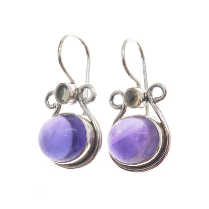 925 Sterling Silver Vintage Real Amethyst Gemstone & Clear Glass Earrings