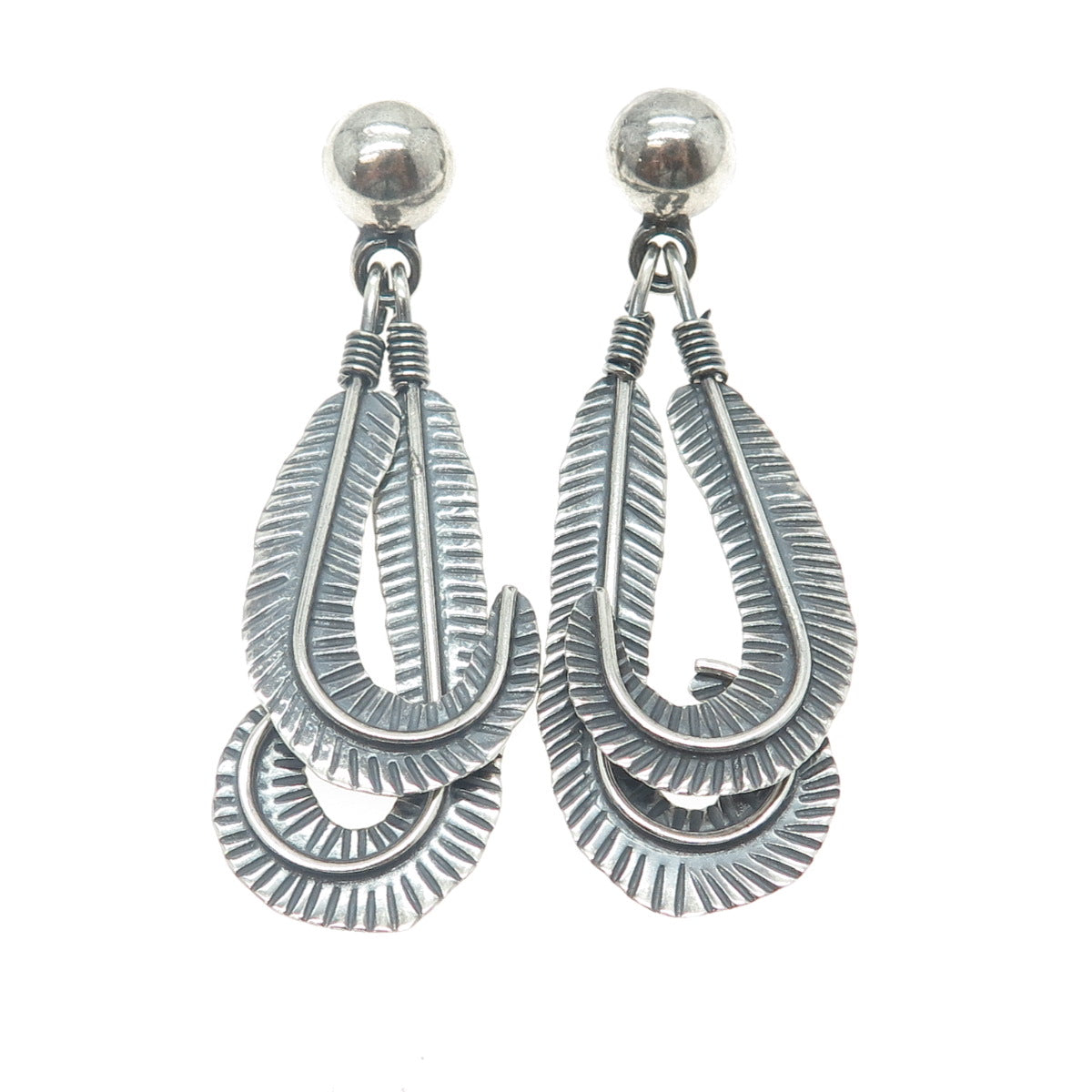 925 Sterling Silver Vintage Mexico Feather Modernist Dangling Earrings