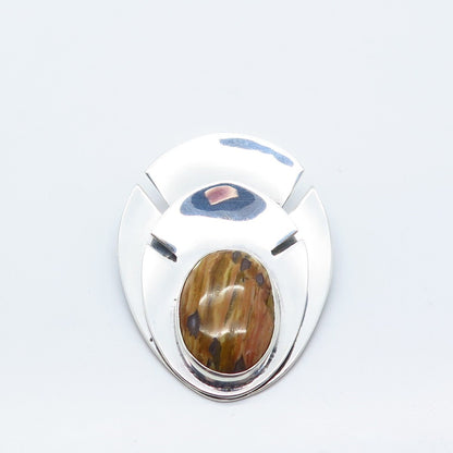 925 Sterling Silver Vintage E. ALLEN Real Brown Agate Gemstone Pin Brooch