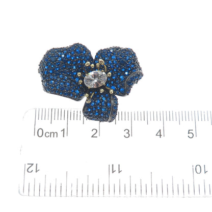 DSMK 925 Sterling Silver 2-Tone Black Rhodium Blue & White C Z Flower Pin Brooch