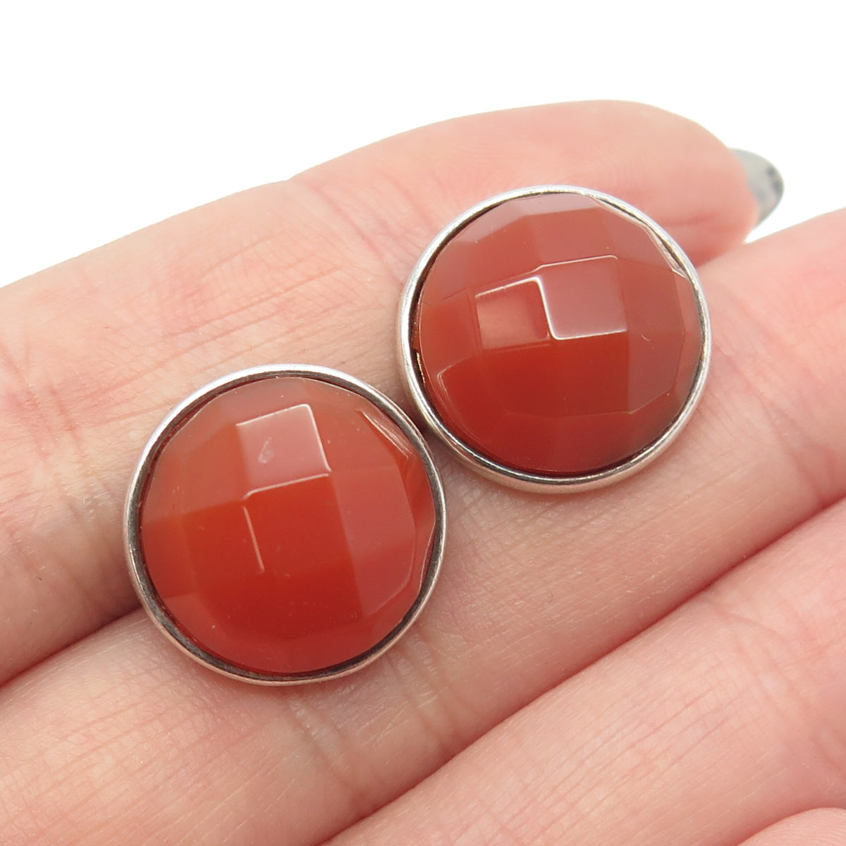 925 Sterling Silver Vintage Real Carnelian Modernist Round Earrings