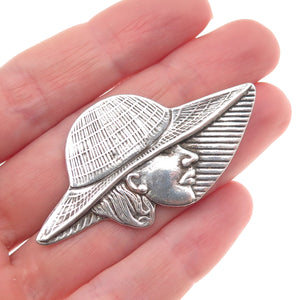 Shube 925 Sterling Silver Vintage Lady in Hat Oxidized Pin Brooch