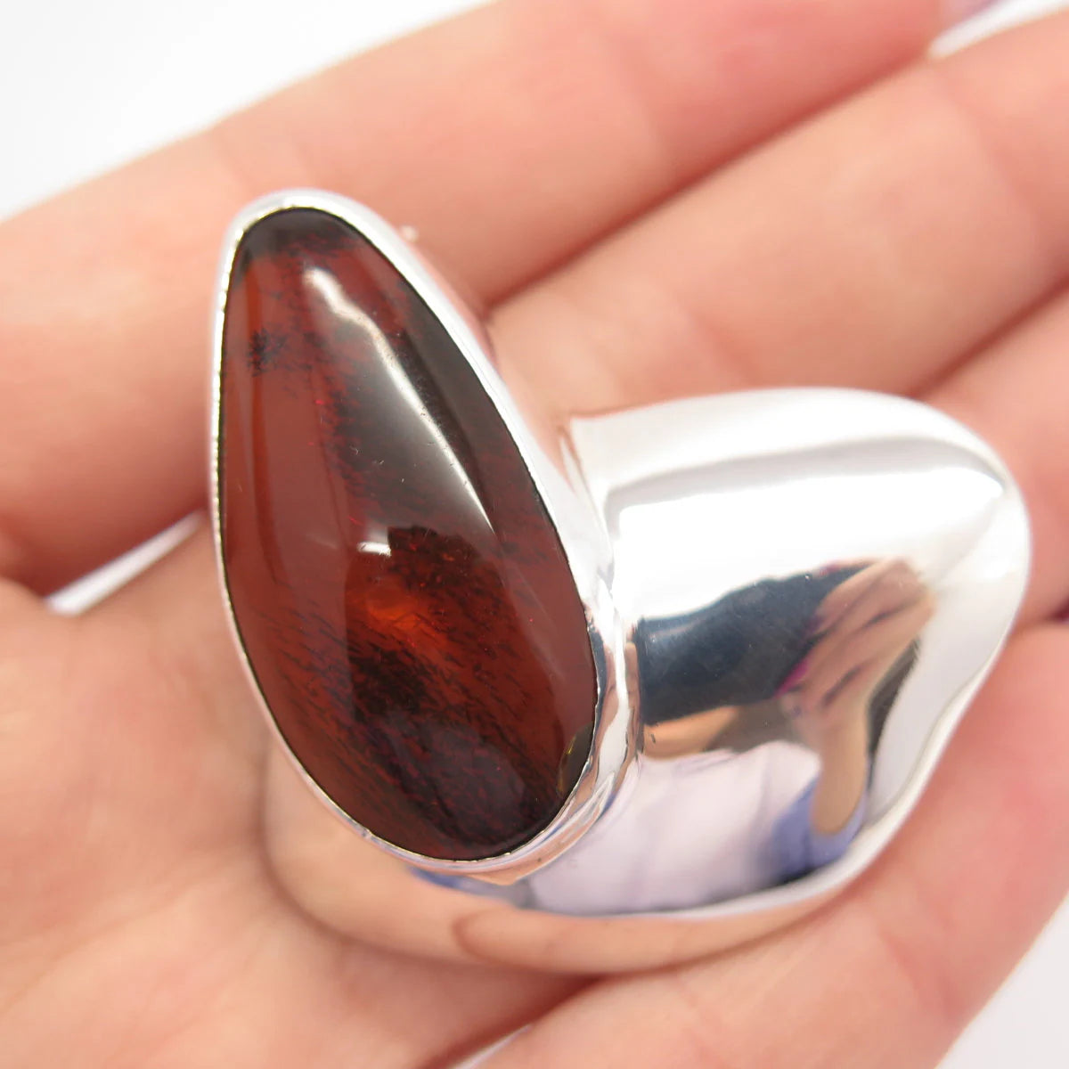 925 Sterling Silver Vintage Real Large Amber Modernist Pin Brooch