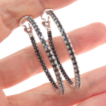 925 Sterling Silver Real Round-Cut Black Spinel In & Out Hoop Earrings