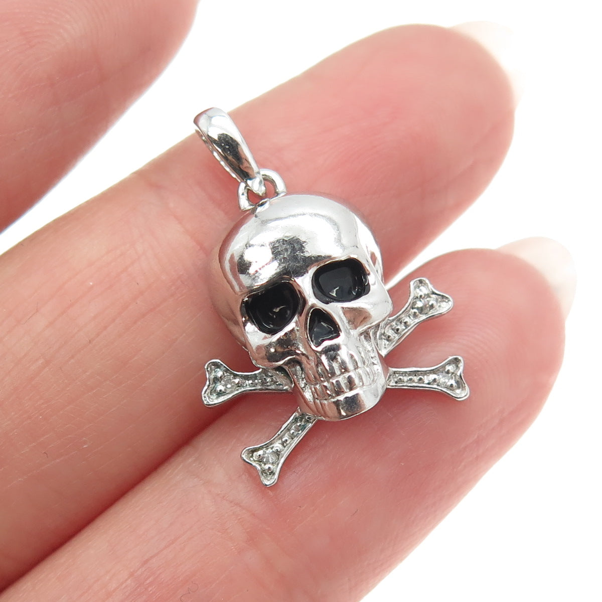 925 Sterling Silver Enamel Real Round-Cut Diamond Skull Crossbones Pendant