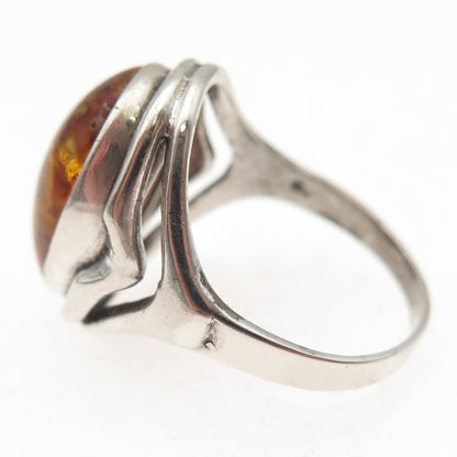 Fischland 835 Silver Vintage Germany Real Amber Modernist Ring Size 7.5