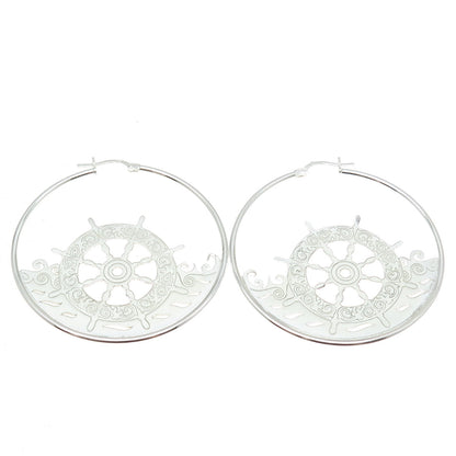 925 Sterling Silver Ship Wheel Ocean Wave Hoop Earrings