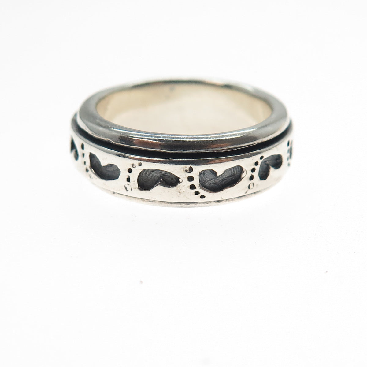925 Sterling Silver Vintage Baby Footprint Rotating Band Oxidized Ring Size 7