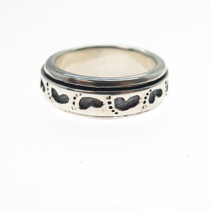 925 Sterling Silver Vintage Baby Footprint Rotating Band Oxidized Ring Size 7