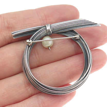 925 Sterling Silver Vintage Real Pearl Modernist Oxidized Pin Brooch