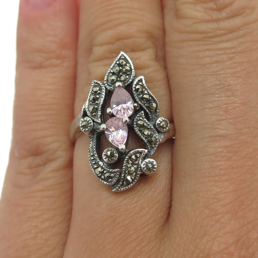 925 Sterling Silver Vintage Real Marcasite Gemstone & Rose C Z Ring Size 6