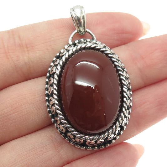 925 Sterling Silver Vintage Real Carnelian Heart Ornate Oxidized Charm Pendant