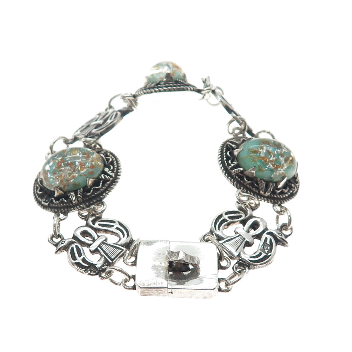 800 Silver Antique Egypt Roman Glass Ankh Link Oxidized Bracelet 6.25"