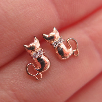 925 Sterling Silver Rose Gold Plated Round-Cut C Z Cat Stud Earrings