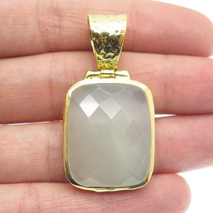 925 Sterling Silver Gold Plated Vintage Chalcedony Gem Hammered Finish Pendant