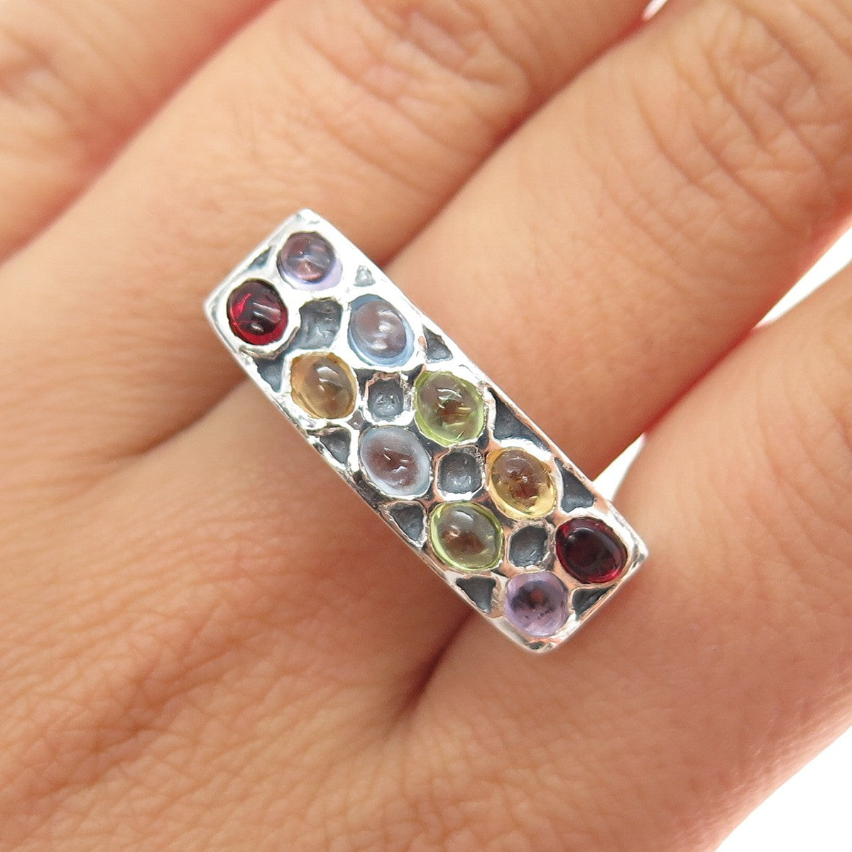 925 Sterling Silver Blue Topaz Citrine Peridot Garnet & Amethyst Ring Size 8.25