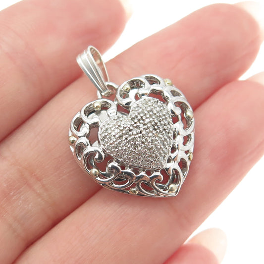 925 Sterling Silver Real Round-Cut Diamond Ornate Heart Pendant