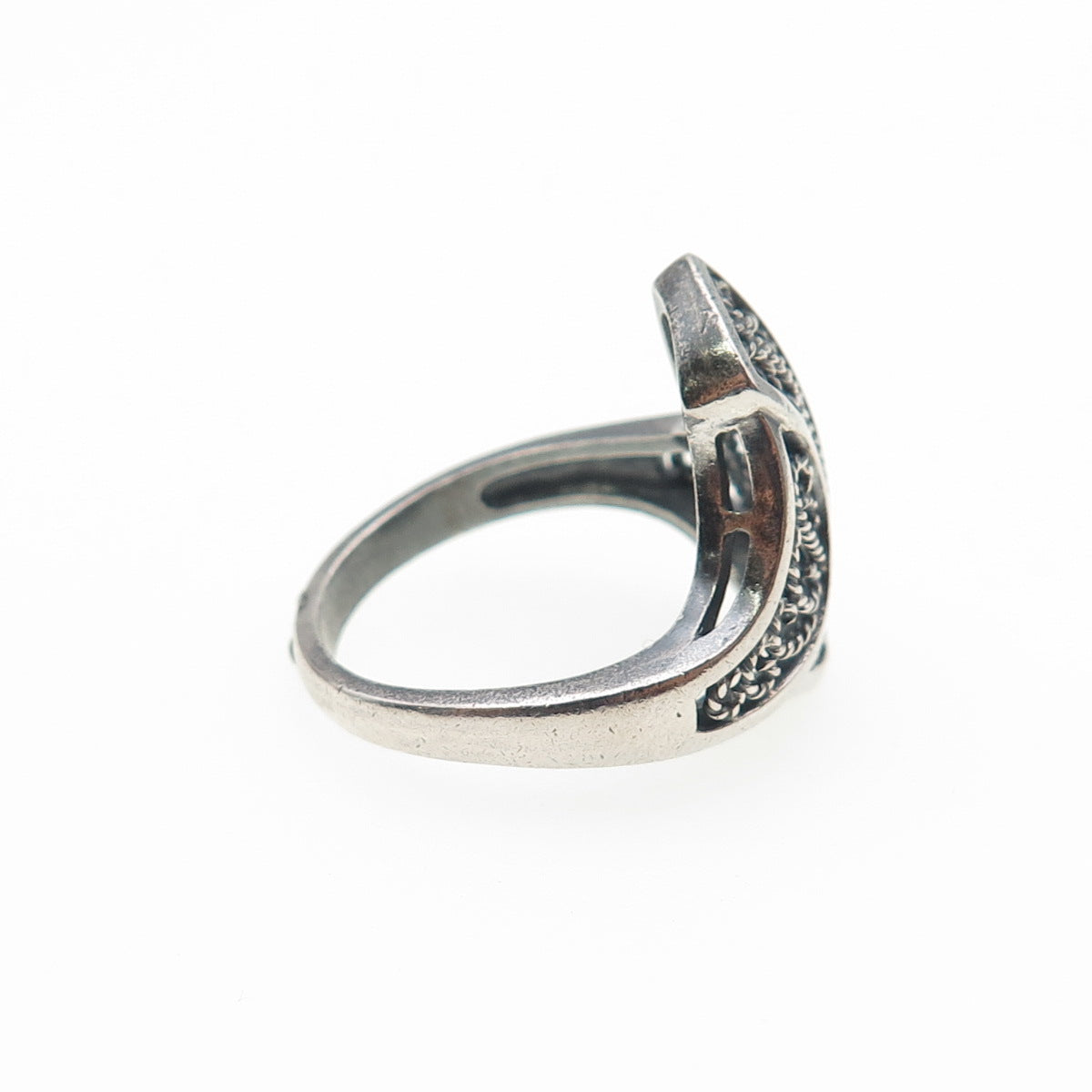 925 Sterling Silver Vintage Modernist Filigree Oxidized Ring Size 7