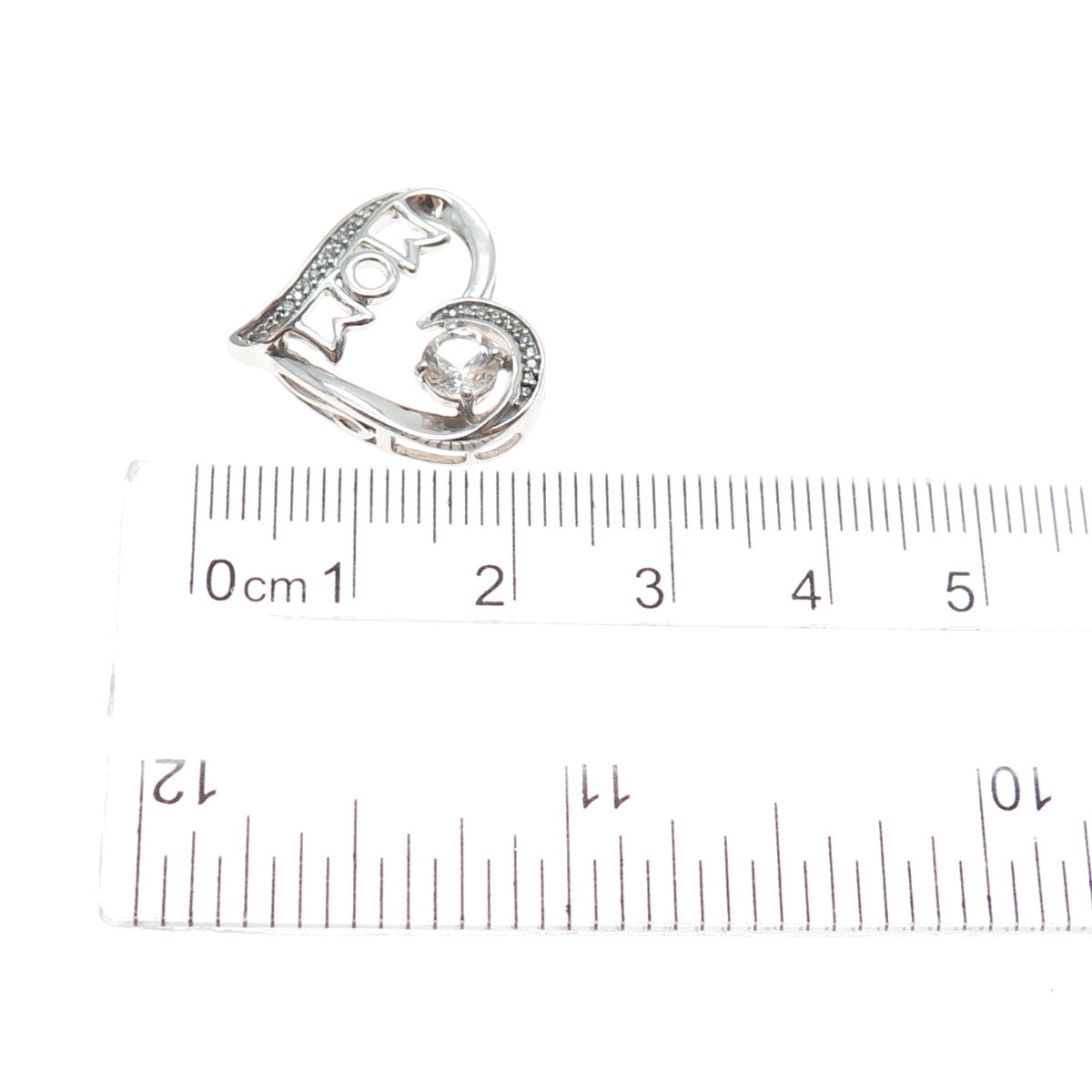 925 Sterling Silver Real Round-Cut Diamond & White Topaz Mom Heart Slide Pendant