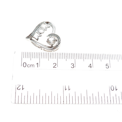 925 Sterling Silver Real Round-Cut Diamond & White Topaz Mom Heart Slide Pendant