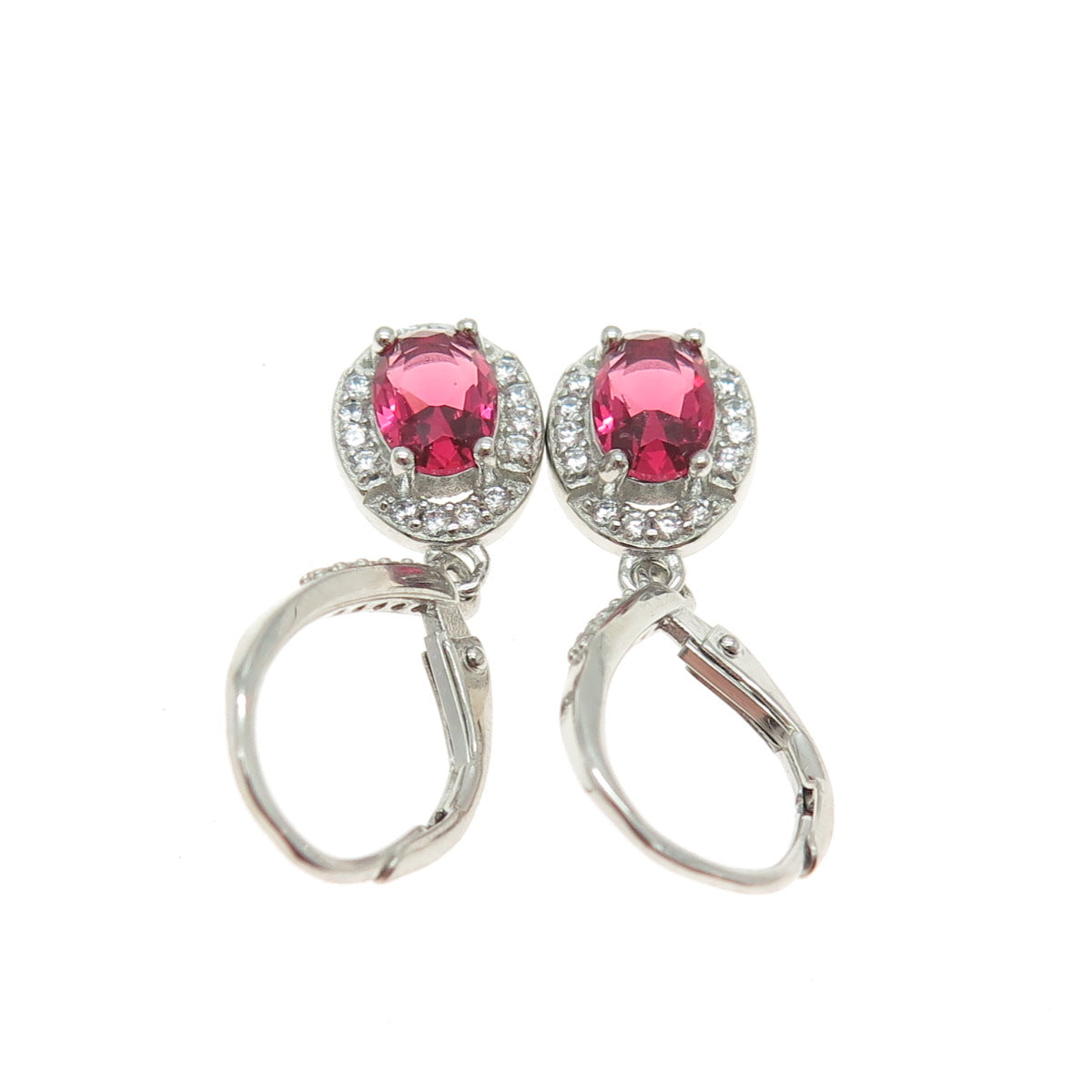 925 Sterling Silver Pink Oval-Cut & White Round-Cut Shaped C Z Dangle Earrings