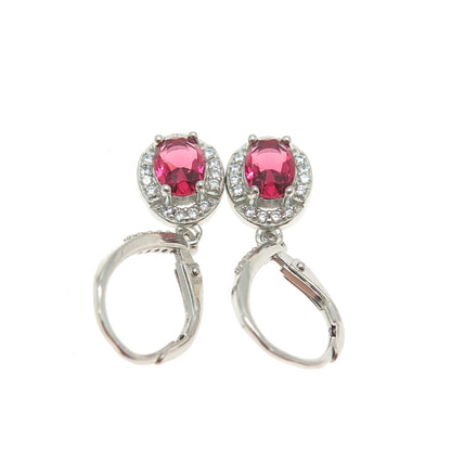 925 Sterling Silver Pink Oval-Cut & White Round-Cut Shaped C Z Dangle Earrings