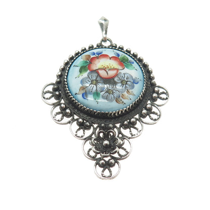 800 Silver Antique Art Deco Colorful Glass Flower Oxidized Pendant