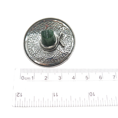 925 Sterling Silver Vintage Mexico Real Jade Sombrero Hat Oxidized Pin Brooch