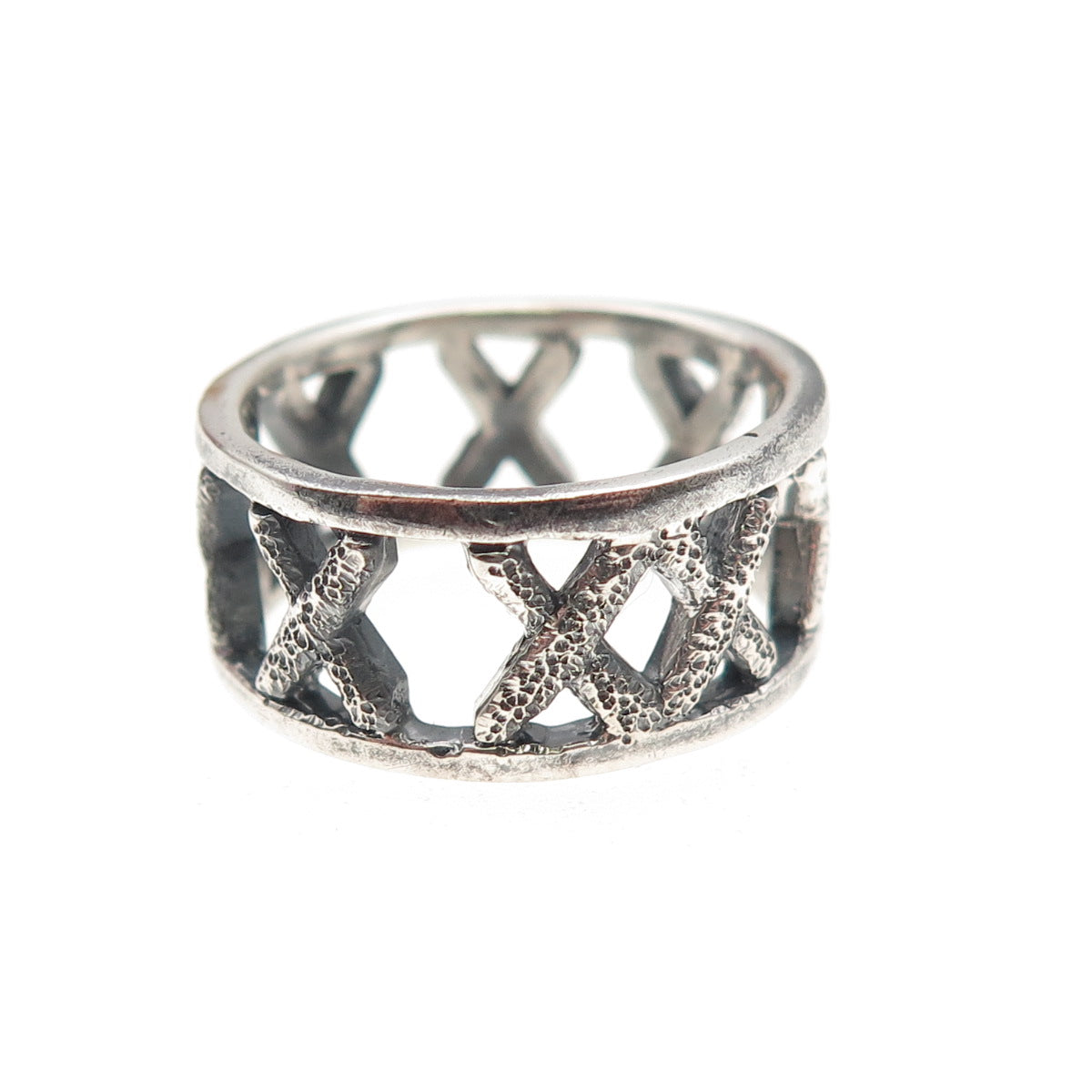 925 Sterling Silver Vintage Modernist X-Shape Oxidized Band Ring Size 7