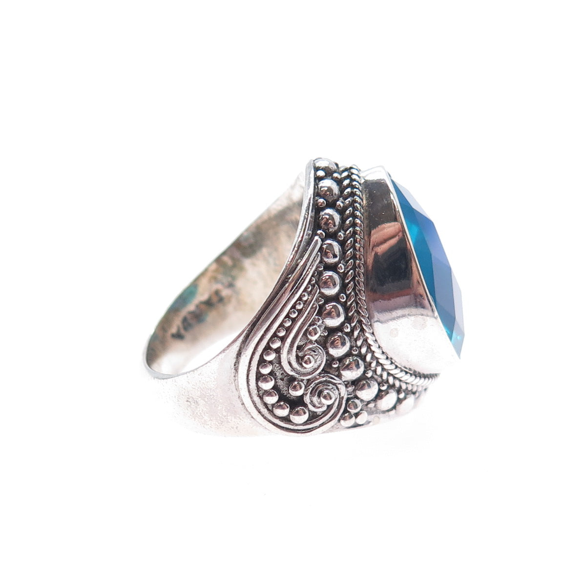 SARDA 925 Sterling Silver Vintage Mystic Blue C Z Teardrop Beaded Ring Size 5.5