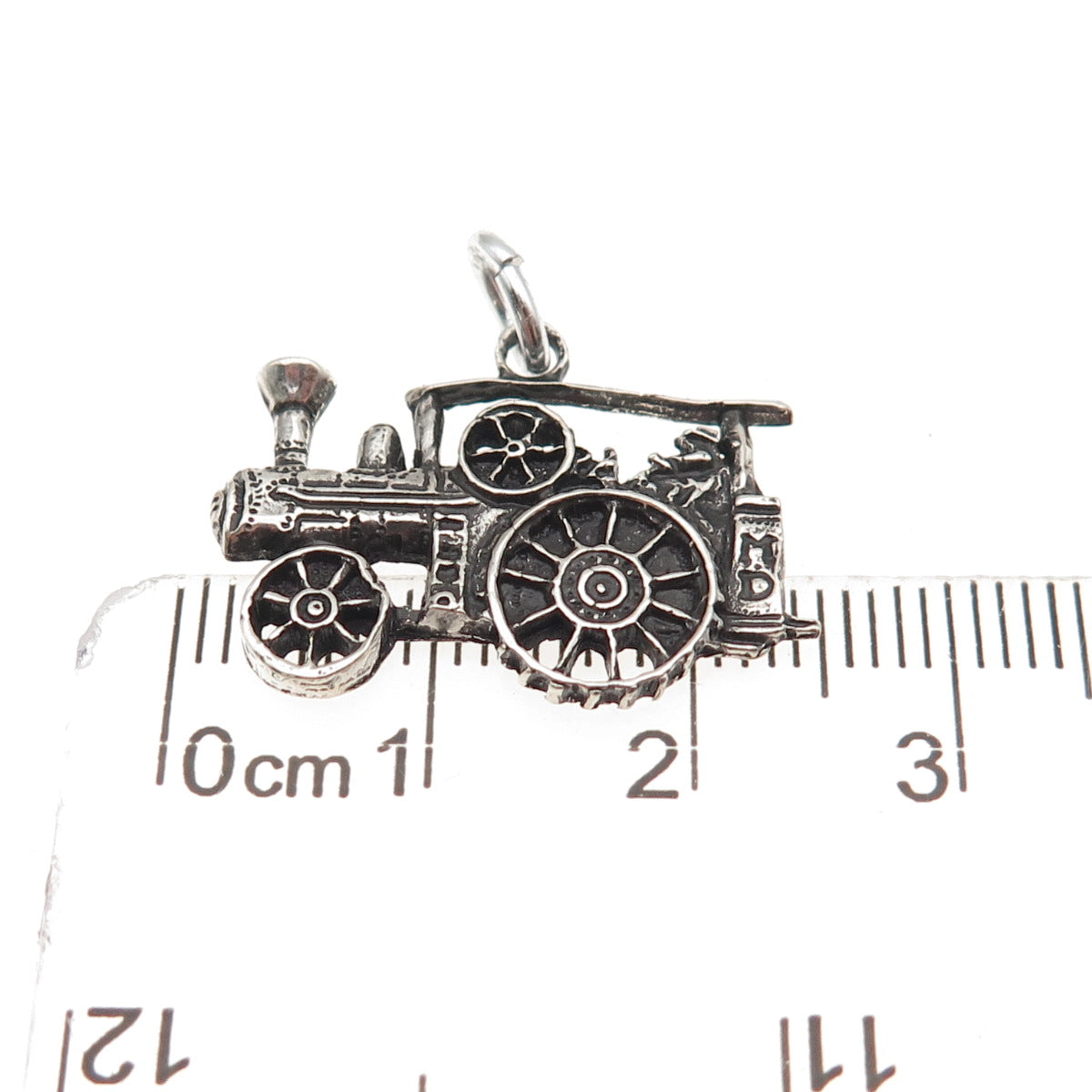 925 Sterling Silver Vintage Steam Traction Engine Oxidized Charm Pendant