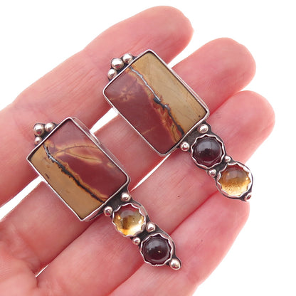 925 Sterling Silver Vintage Real Jasper Red Garnet & Citrine Modernist Earrings