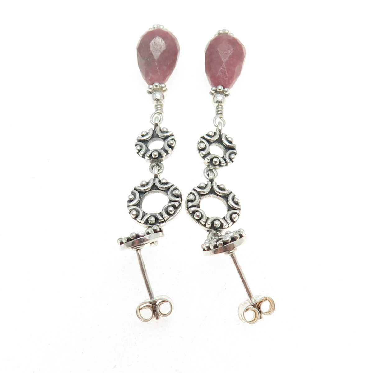 925 Sterling Silver Vintage Real Rhodonite Granulated Circle Drop Earrings
