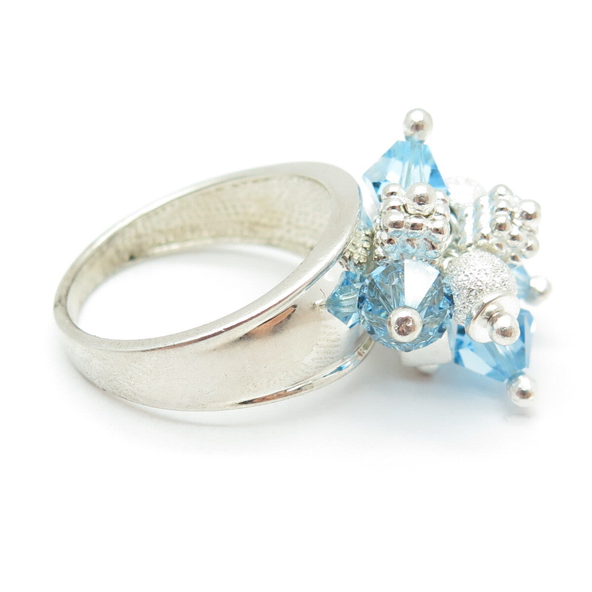 925 Sterling Silver Vintage Blue Glass Bead Charm Ring Size 9
