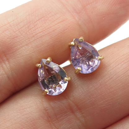 925 Sterling Silver Gold Plated Real Pear-Cut Amethyst Stud Earrings