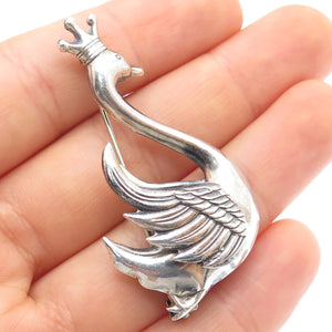 LANG 925 Sterling Silver Vintage Crown Swan Bird Oxidized Pin Brooch