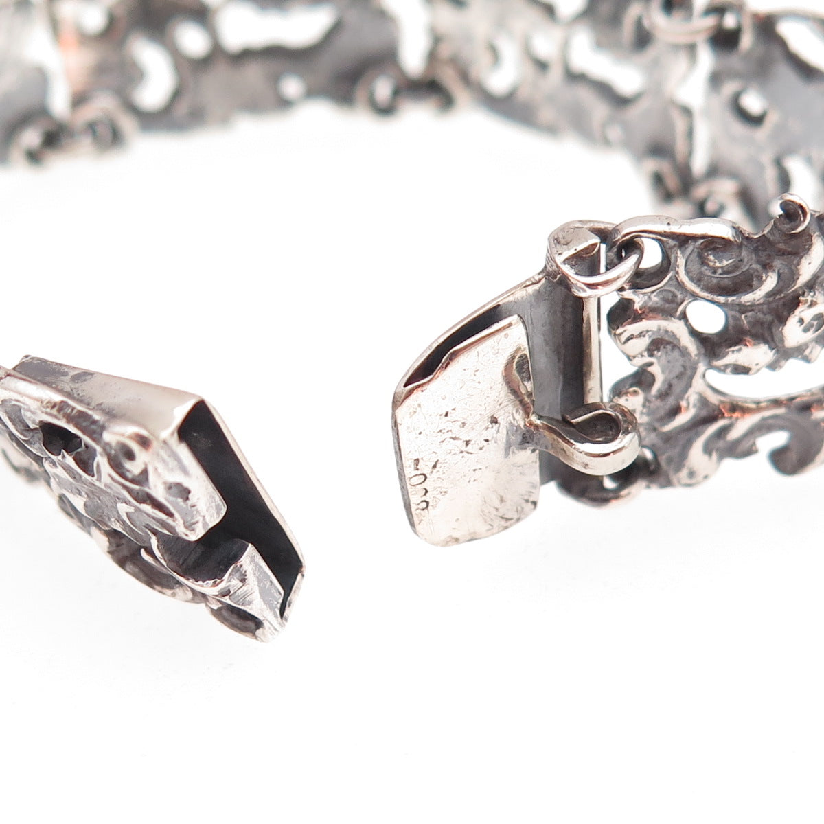 800 Silver Antique Art Deco Floral Panel Link Oxidized Bracelet 7"