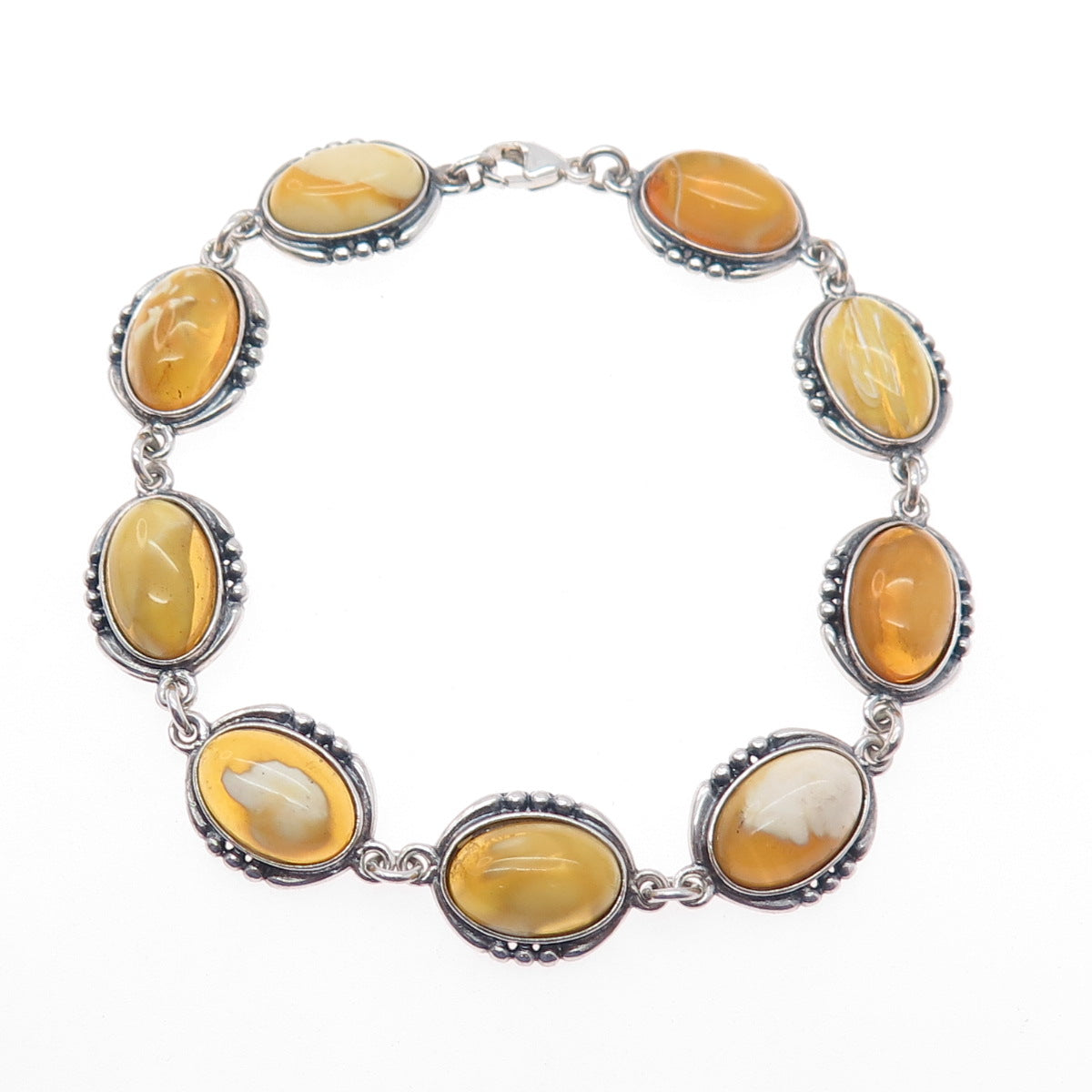925 Sterling Vintage Real Scottish Egg Yolk Amber Modernist Bracelet 7.25"