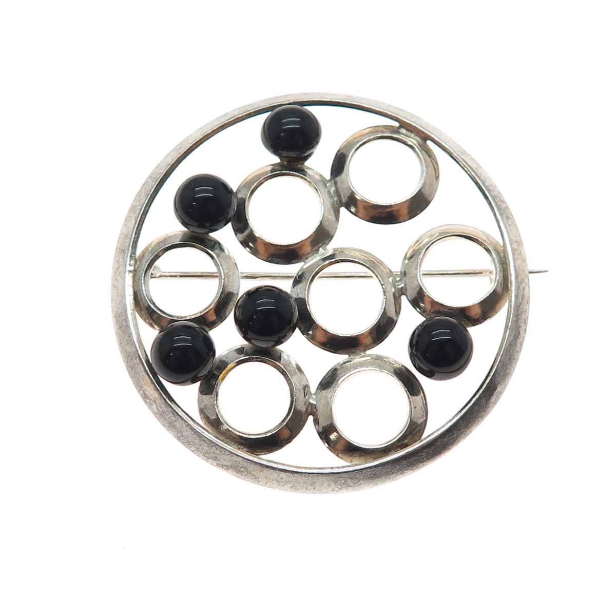 900 Silver Vintage Czechia Real Black Onyx Modernist Artisan Pin Brooch