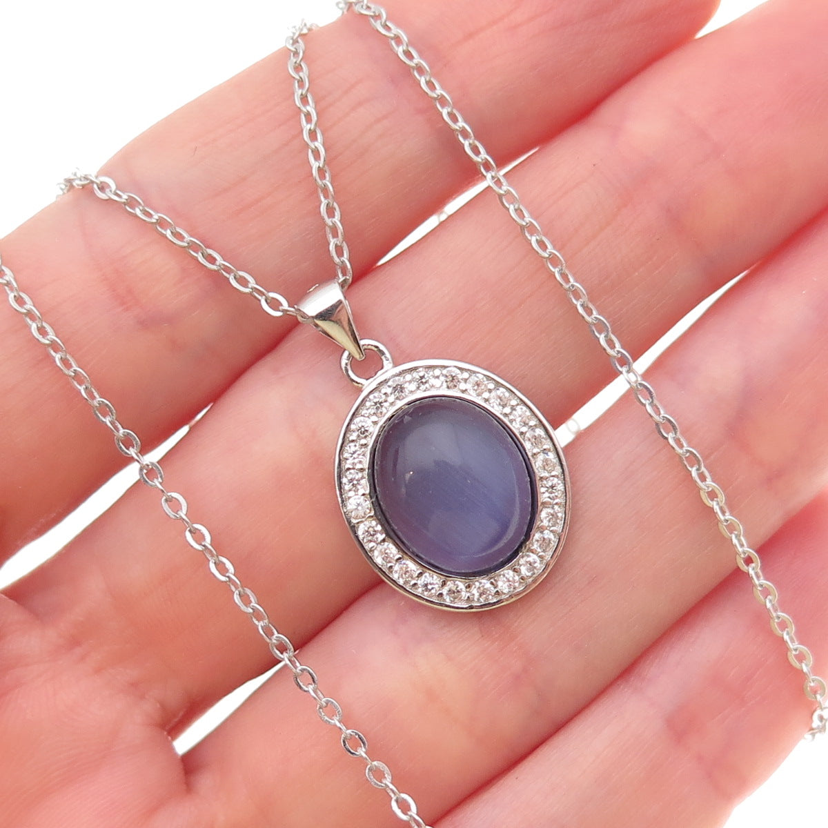 925 Sterling Silver Real Cat's Eye & C Z Cable Chain Necklace 18"