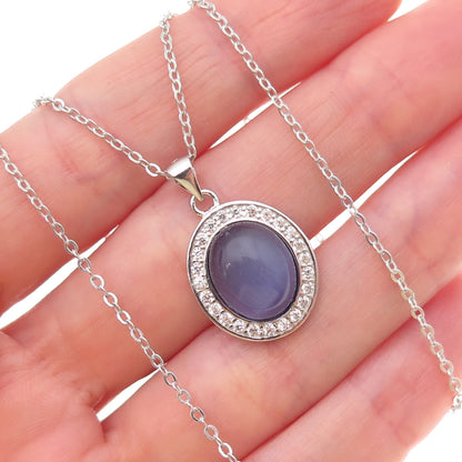 925 Sterling Silver Real Cat's Eye & C Z Cable Chain Necklace 18"