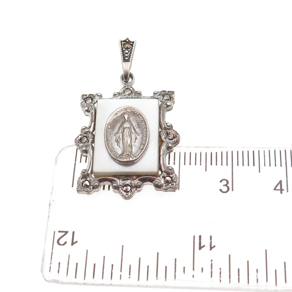 THEDA 925 Sterling Silver Antique Art Deco Real MOP & Marcasite St. Mary Pendant