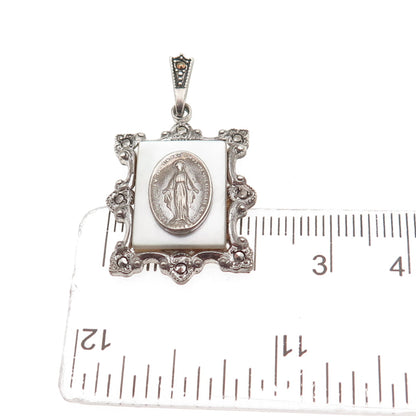 THEDA 925 Sterling Silver Antique Art Deco Real MOP & Marcasite St. Mary Pendant