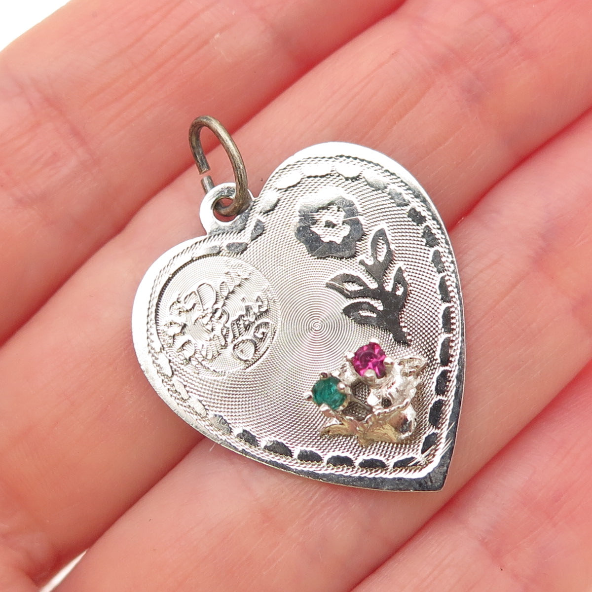 925 Sterling Silver Vintage Rhinestone A Date to Remember Heart Charm Pendant