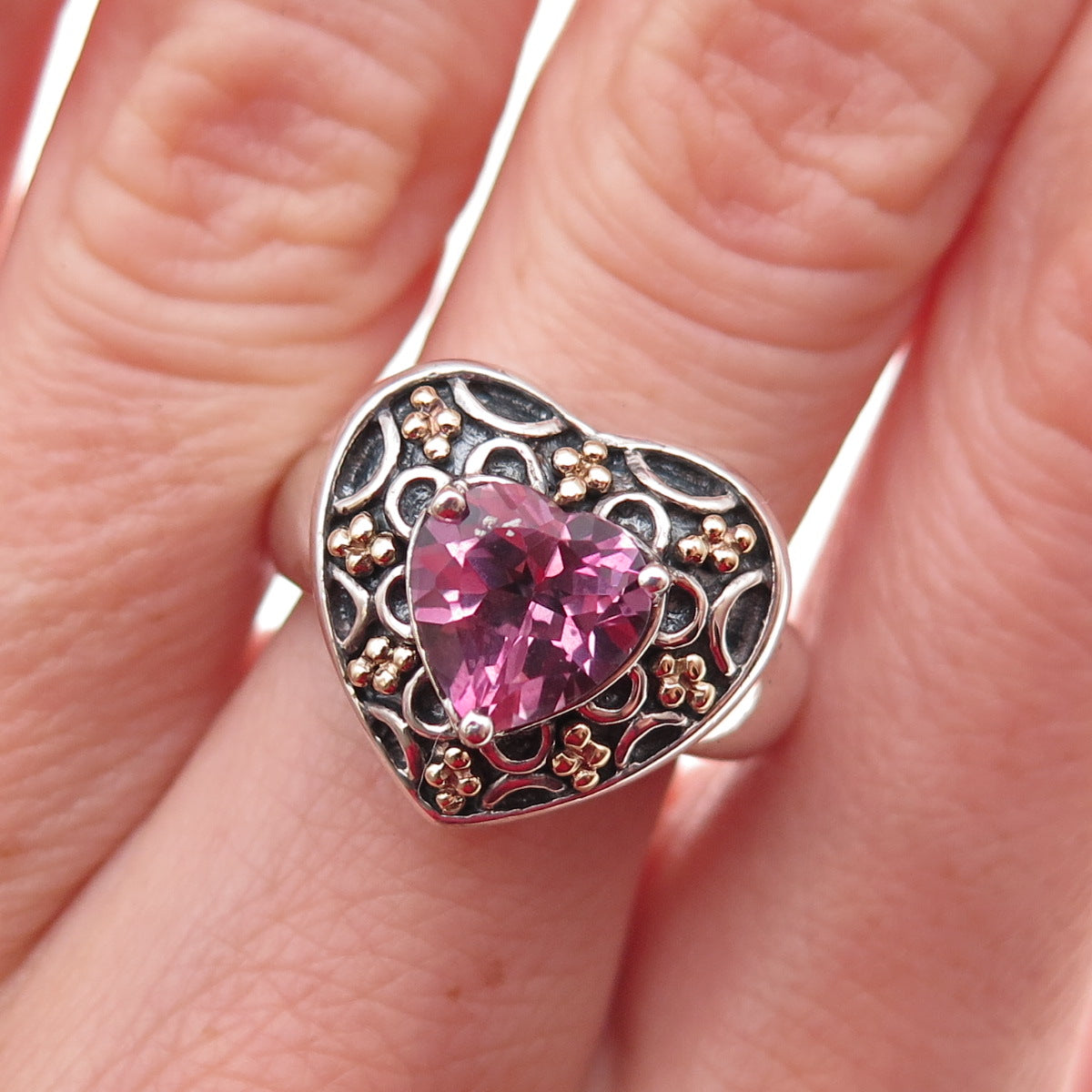 Sadye L Vassil 925 Sterling Silver 14K Gold Real Pink Topaz Heart Ring Size 7