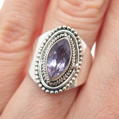 925 Sterling Silver Vintage Real Marquise-Cut Amethyst Beaded Ring Size 6